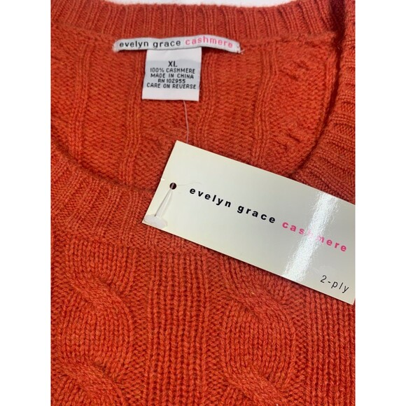Evelyn Grace 100% Cashmere XL Cable Knit Orange Sweater Crew Neck NEW - Picture 2 of 7